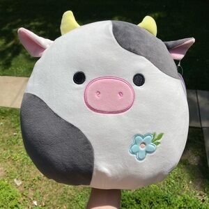 Squishmallows Connor The Cow With Blue Flower Embroidery Classic Black White Cow